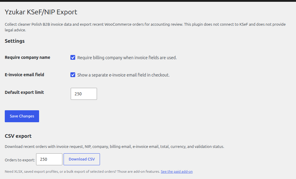 Ekran WooCommerce KSeF/NIP Export z eksportem CSV