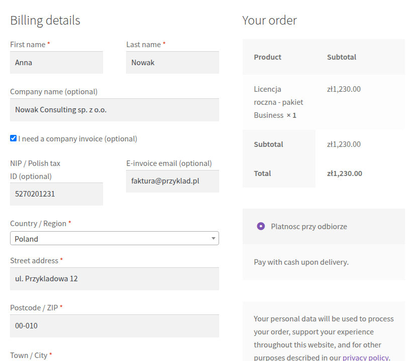 Kasa WooCommerce z polami B2B: prośba o fakturę, NIP i e-mail do e-faktury