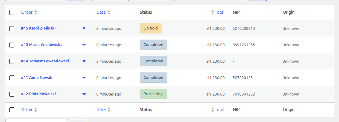 Lista zamówień WooCommerce z kolumną NIP